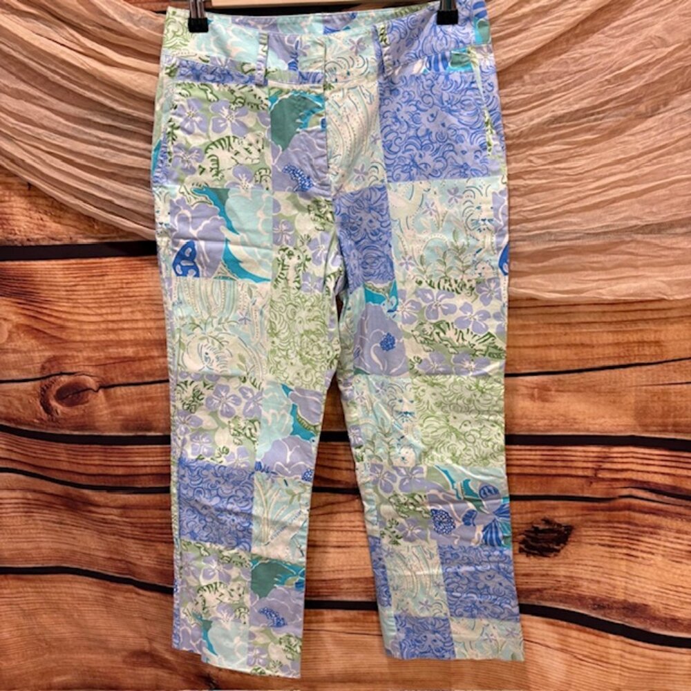 LILLY PULITZER WOMENS CROP PANTS‎  BLUE VIOLET ANIMAL PRINT SIZE 2